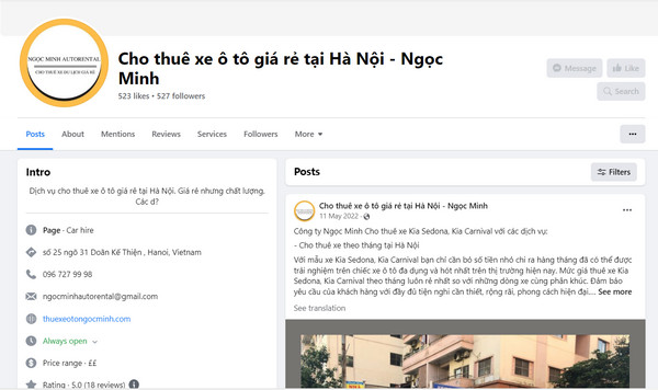 Fanpage Facebook của công ty Ngọc Minh 