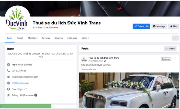 Fanpage Facebook của công ty Đức Vinh 