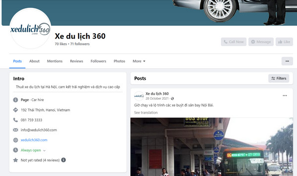 Fanpage Facebook của xe du lịch 360 