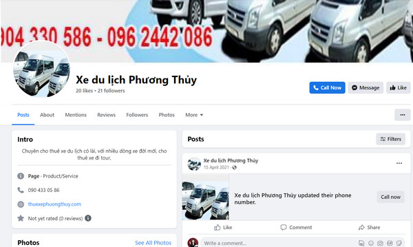 Fanpage Facebook của xe du lịch Phương Thủy 