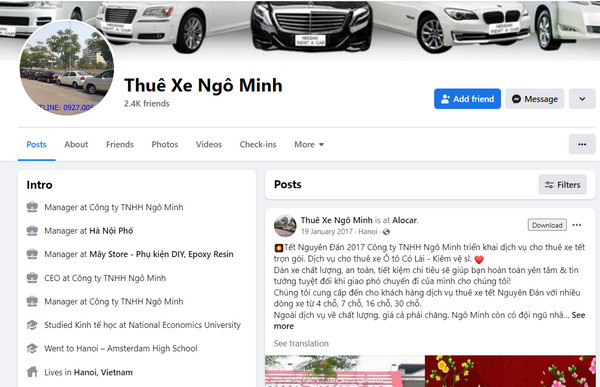 Fanpage Facebook của thuê xe tự lái Ngô Minh 