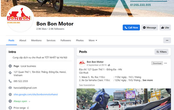 Fanpage Facebook của BonBon Motor 