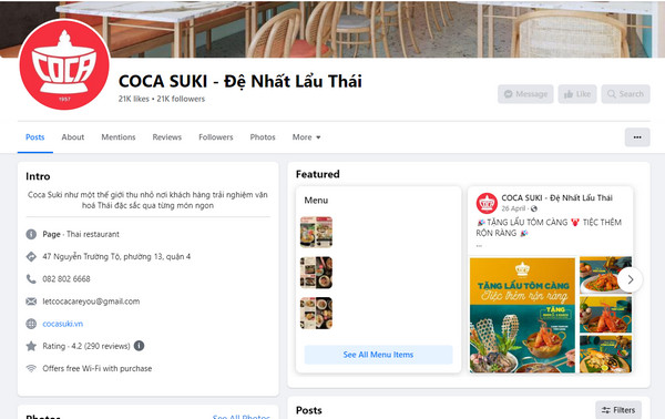 Fanpage Facebook của nhà hàng Coca Suki