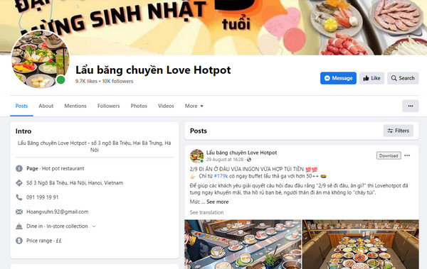 Fanpage Facebook của quán Love Hotpot