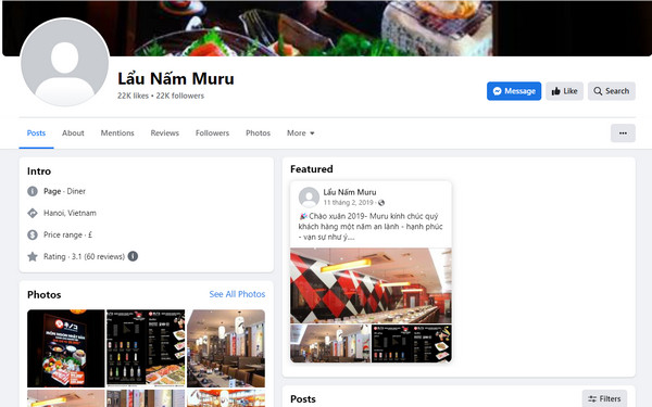Fanpage Facebook của quán Muru Hà Nội