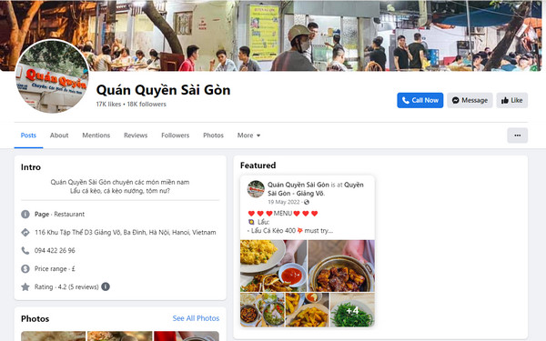 Fanpage Facebook của quán Quyền Sài Gòn