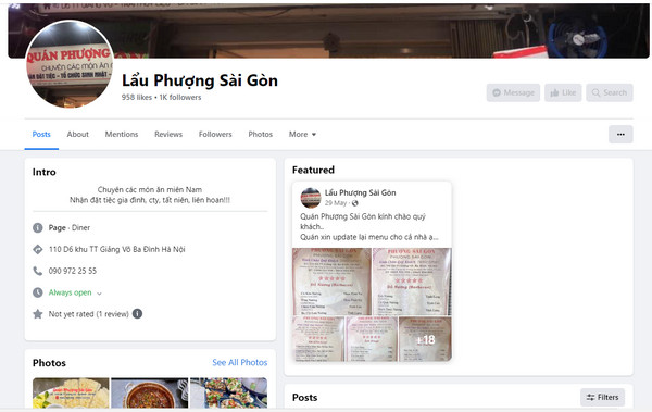 Fanpage Facebook của quán Phượng Sài Gòn