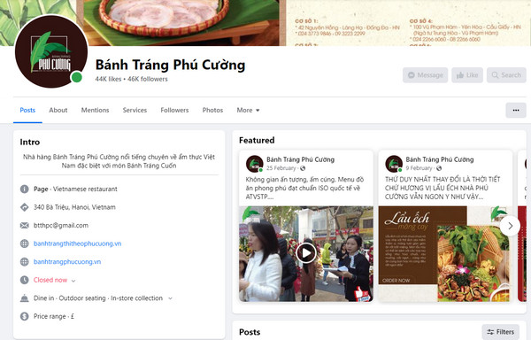 Fanpage Facebook của quán bánh tráng thịt heo Phú Cường