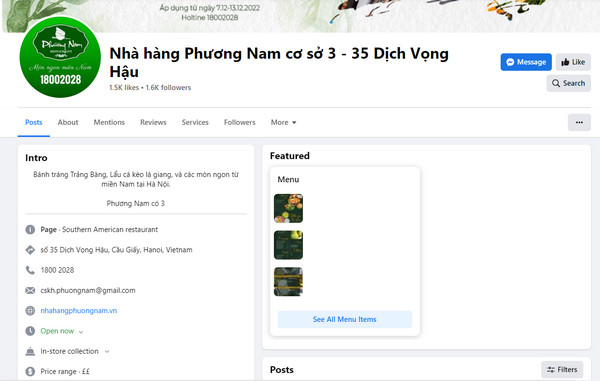 Fanpage Facebook của quán Phương Nam 