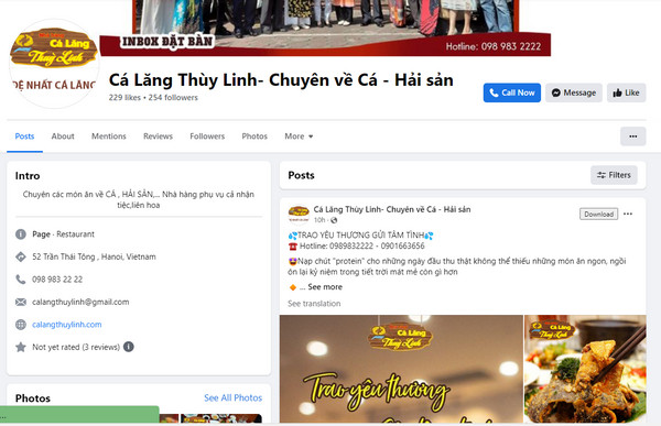 Fanpage Facebook của quán cá lăng Thùy Linh 