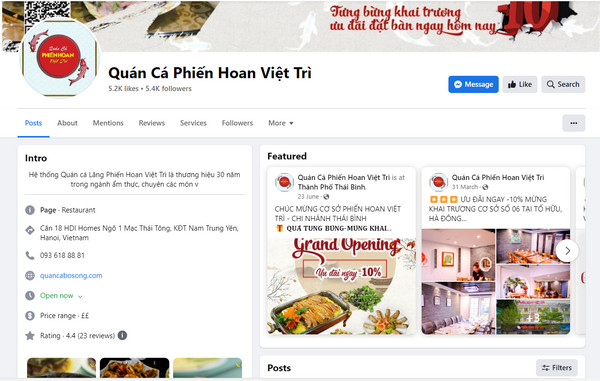 Fanpage Facebook của quán Cá Phiến Hoan Việt Trì