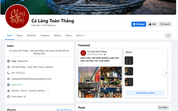Fanpage Facebook của Không gian tại nhà hàng Cá Lăng Toàn Thắng