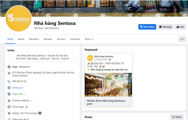 Fanpage Facebook của nhà hàng Sentosa 