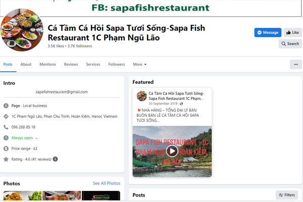 Fanpage Facebook của nhà hàng Sapa Fish