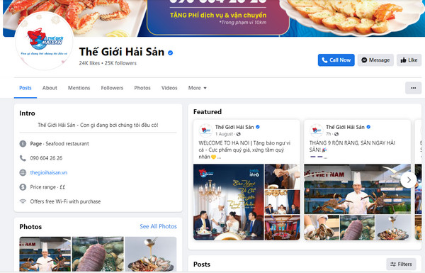 Fanpage Facebook của nhà hàng thế giới Hải Sản