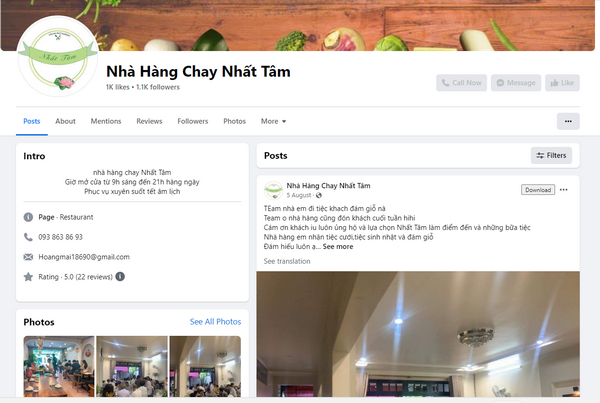 Fanpage Facebook của nhà hàng chay Nhất Tâm 