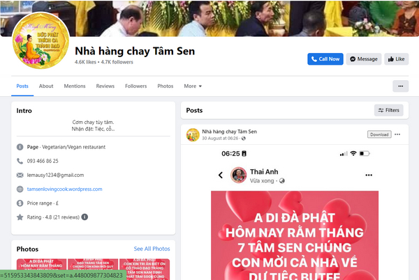 Fanpage Facebook của nhà hàng Tâm Sen 