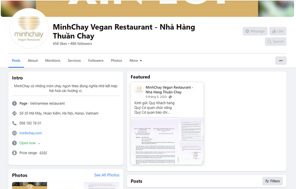 Fanpage Facebook của quán Minh Chay 
