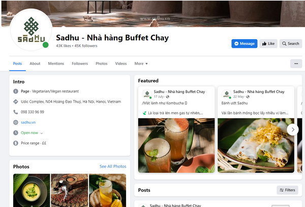 Fanpage Facebook của nhà hàng chay Sadhu