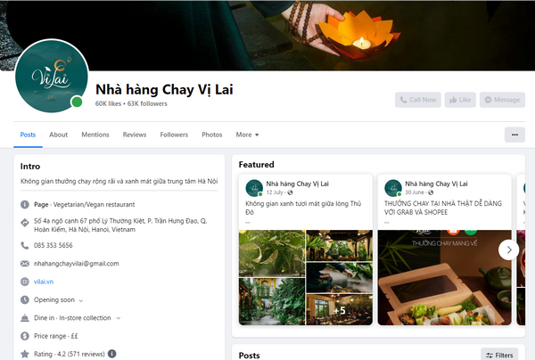 Fanpage Facebook của nhà hàng chay Vị Lai 