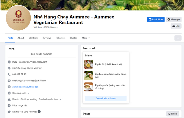 Fanpage facebook của nhà hàng Aummee Vegetarian