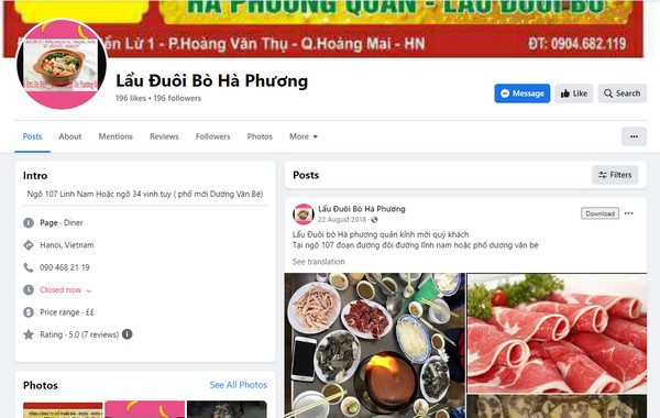 Fanpage Facebook của quán lẩu đuôi bò Hà Phương