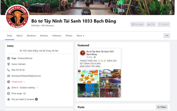 Fanpage Facebook của quán bò tơ Tây Ninh Tài Sanh