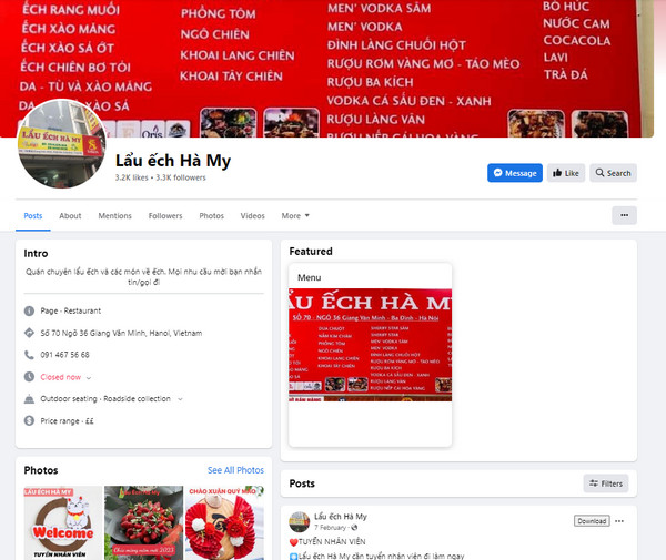 Fanpage facebook của lẩu ếch Hà My 