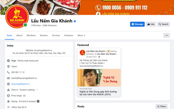 Fanpage Facebook của quán lẩu nấm Gia Khánh