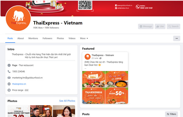 Fanpage Facebook của quán ThaiExpress