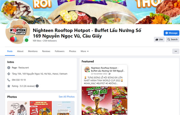 Fanpage Facebook của quán Nighteen Rooftop Hotpot
