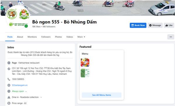 Fanpage Facebook của quán lẩu bò nhúng dấm 555