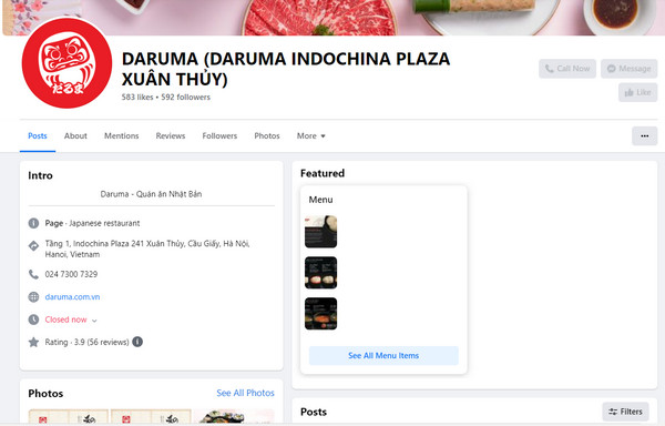 Fanpage Facebook của nhà hàng lẩu Daruma IPH Cầu Giấy