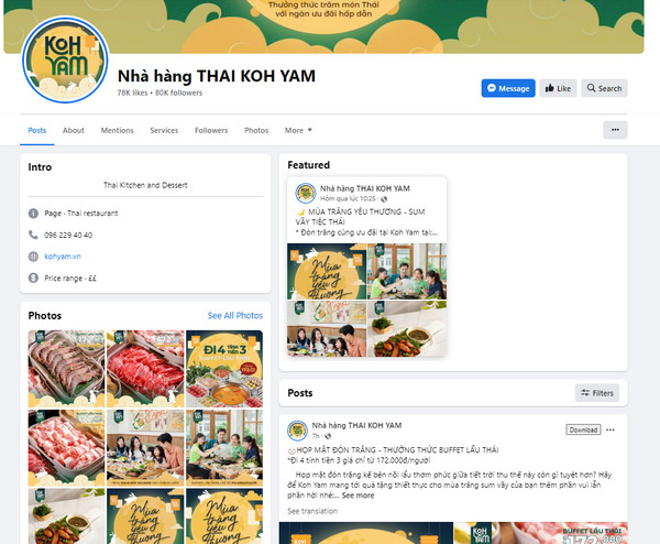 Fanpage facebook của quán Thái Koh Yam Hà Nội