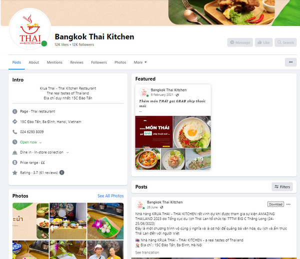 Fanpage Facebook của quán Bangkok Thai Kitchen