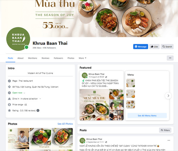 Fanpage facebook của Khrua Baan Thai 