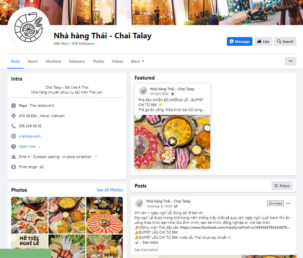 Fanpage facebook của nhà hàng Chai Talay 