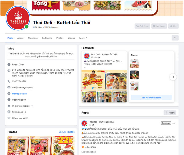 Fanpage facebook của Thai Deli