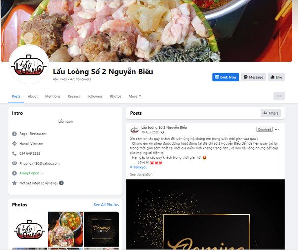 Fanpage Facebook của quán lẩu Lòong 