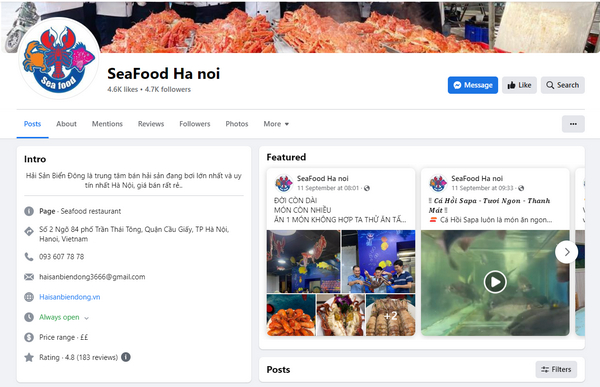 Fanpage Facebook của quán Seafood Hanoi