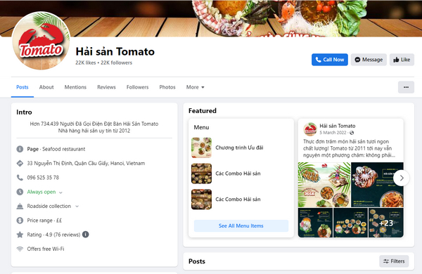 Fanpage Facebook của nhà hàng hải sản Tomato