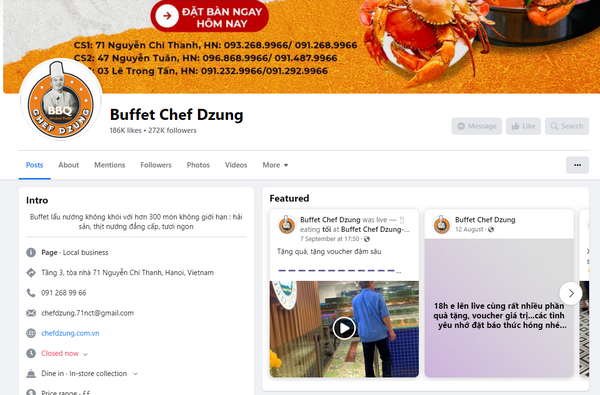 Fanpage Facebook của nhà hàng Chef Dzung 