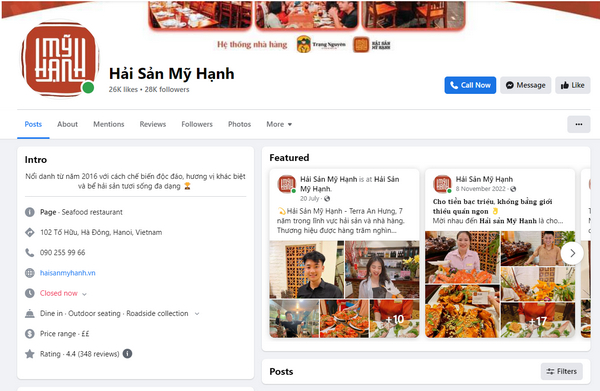 Fanpage Facebook của nhà hàng Hải sản Mỹ Hạnh