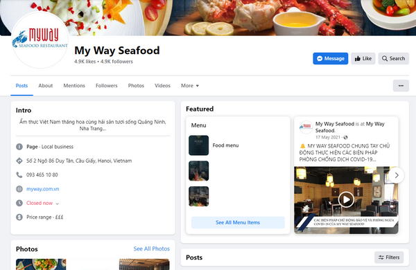 Fanpage Facebook của quán My Way Seafood 