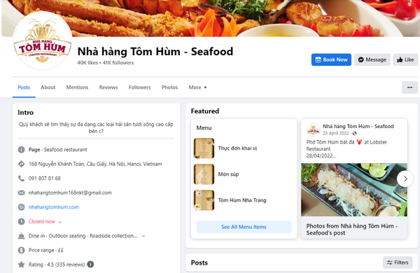 Fanpage Facebook của nhà hàng Tôm Hùm 