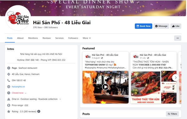 Fanpage Facebook của nhà hàng hải sản Phố