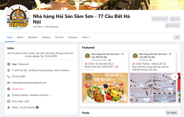 Fanpage facebook của quán hải sản Hà Nội Sầm Sơn
