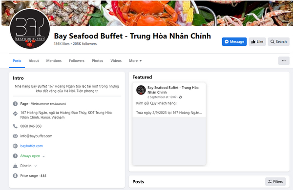 Fanpage Facebook của Bay Seafood Buffet