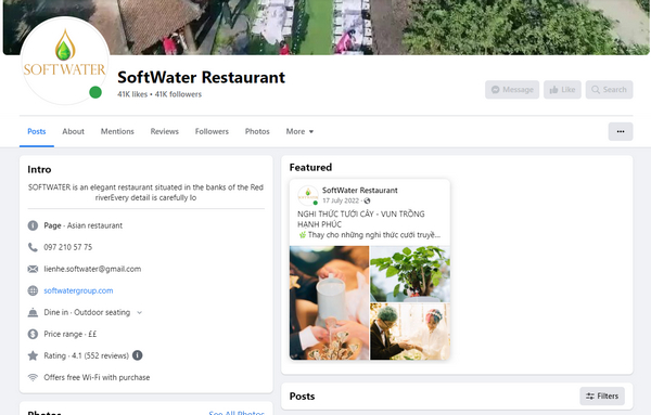 Fanpage Facebook của SoftWater Restaurant