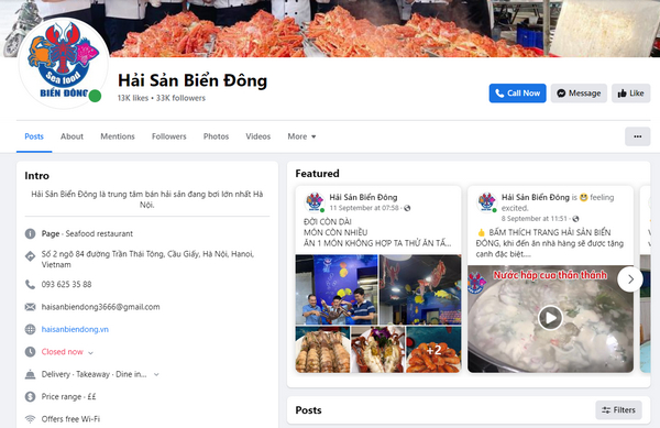 Fanpage facebook của nhà hàng hải sản Biển Đông